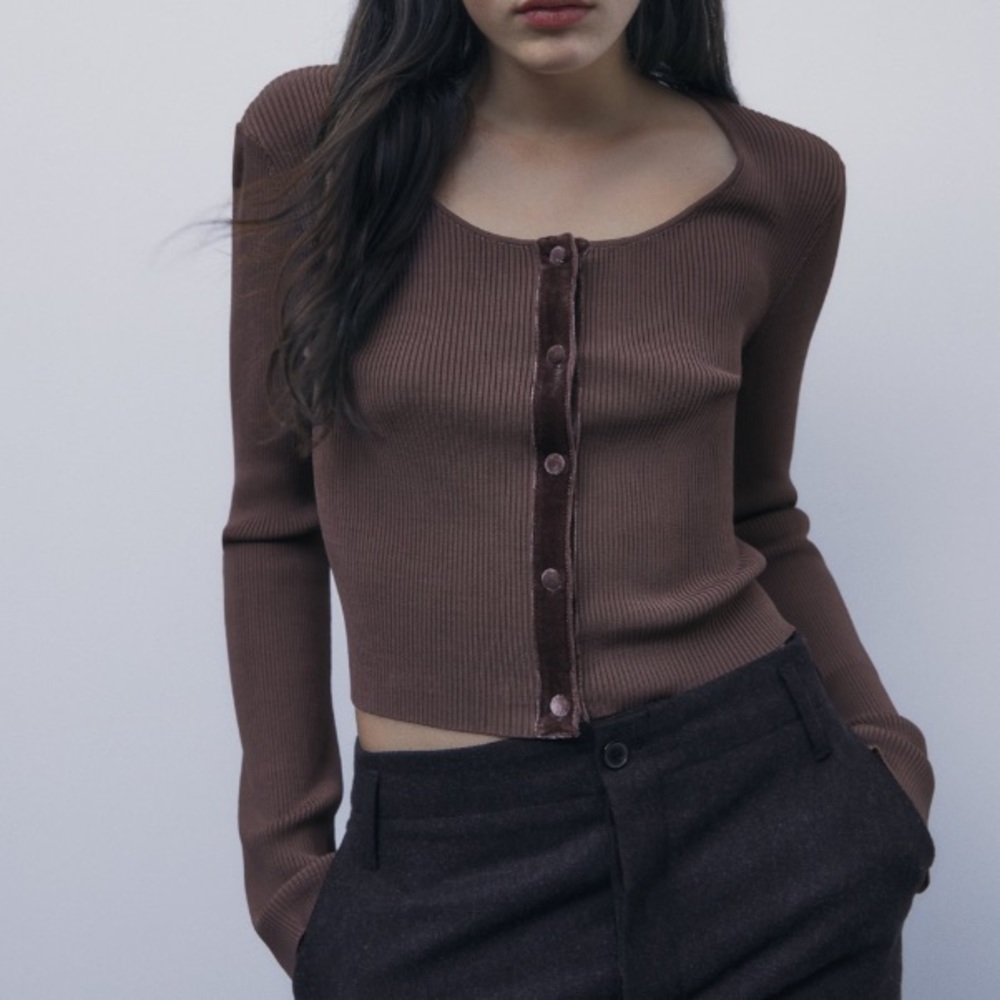 Zara Brown Ribbed Button-Front Cardigan NWOT